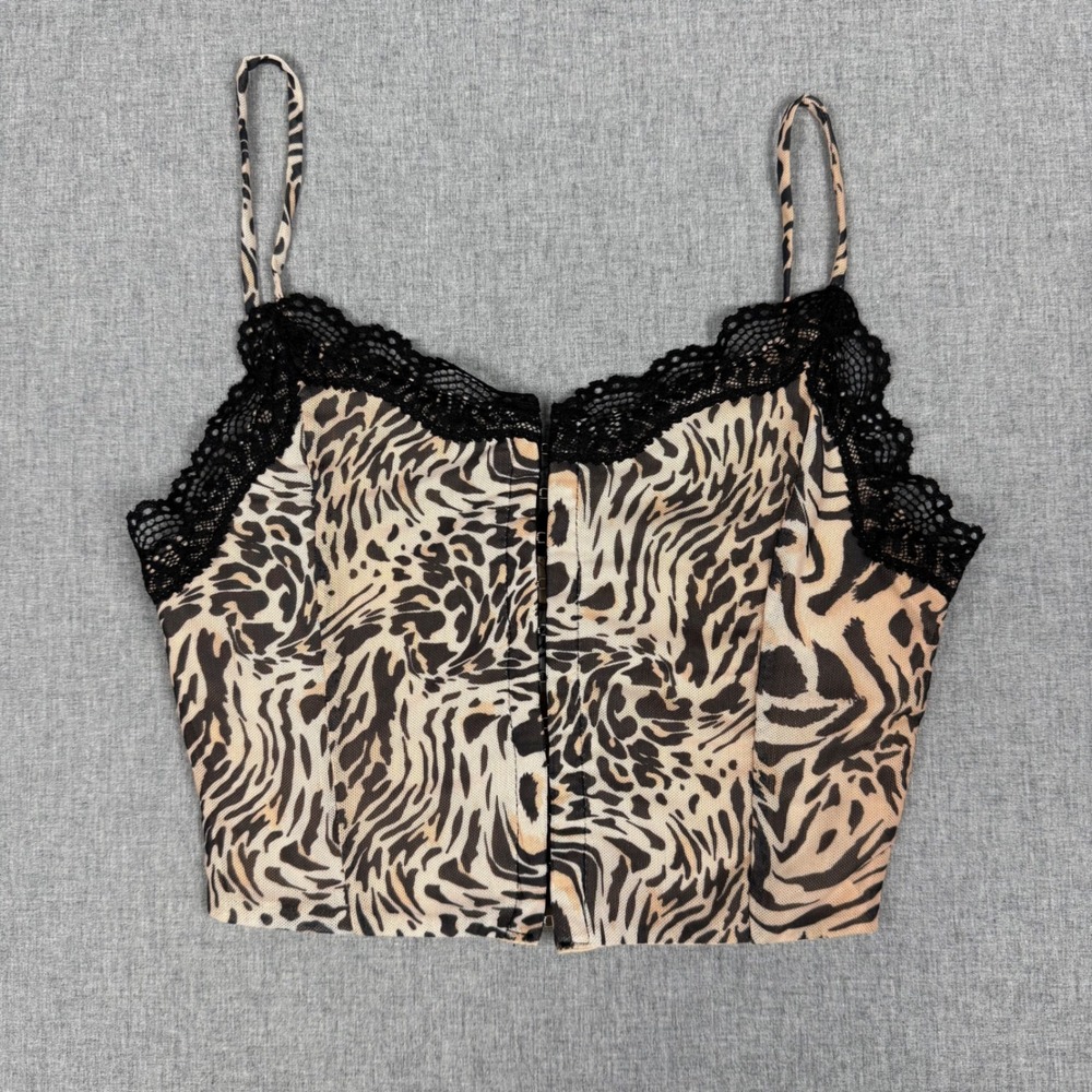 Princess Polly Leopard Print Lace Trim Corset Crop Top Tan Black Size 2